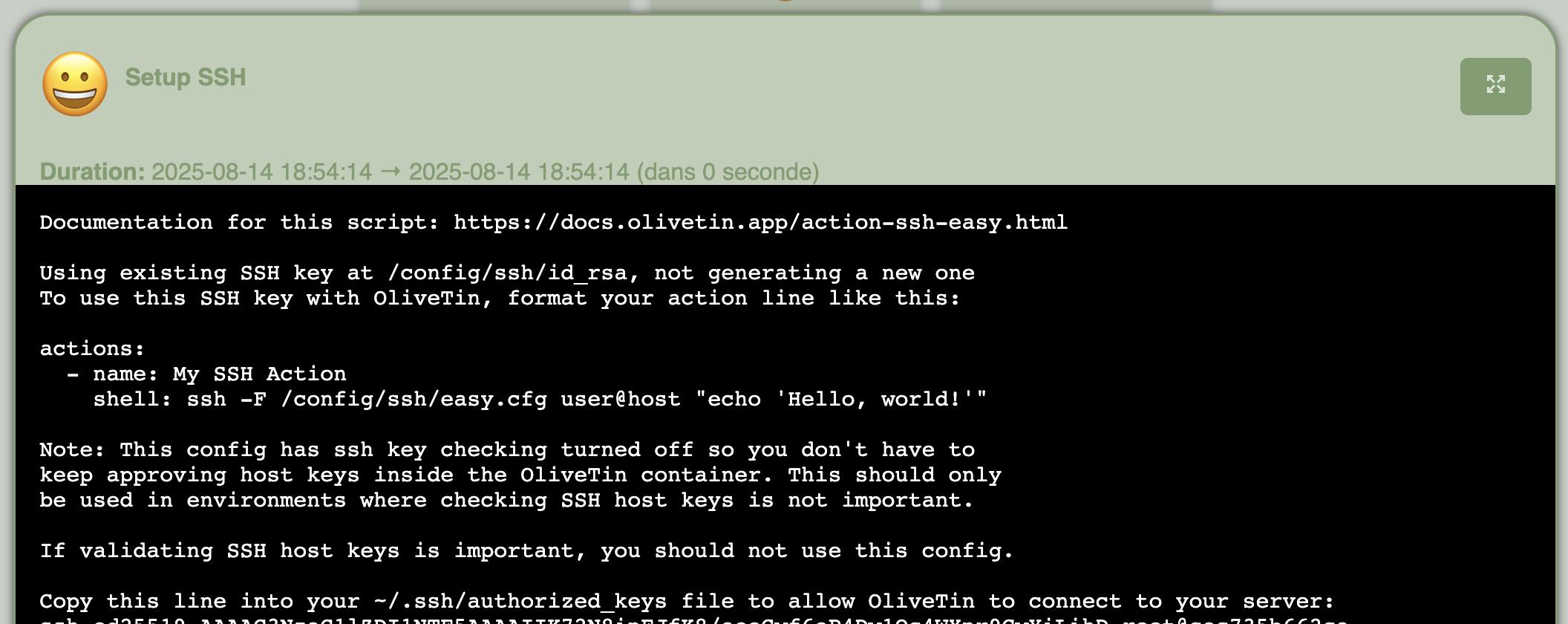 Instructions OliveTin pour le SSH